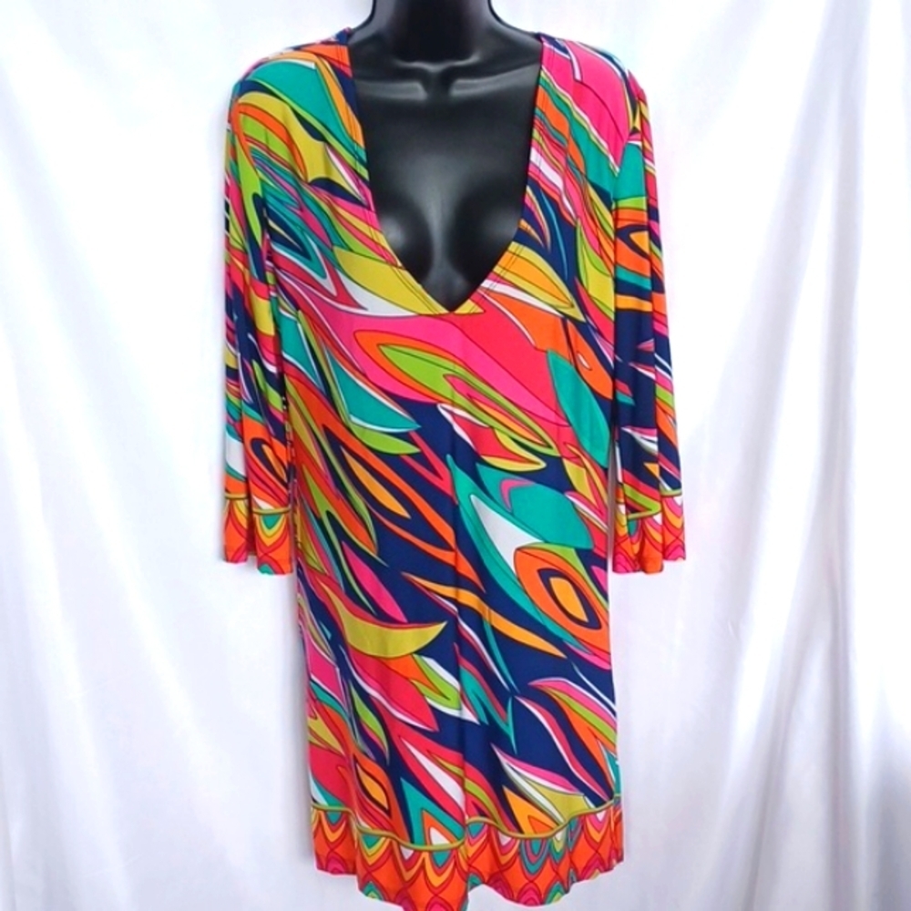 J. Valdi Women's 70s Printed Dress deep V Neck  Size M, stretchy, 20" ptp